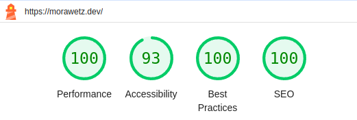 Lighthouse Ergebnisse mit 100% in den Kategorien Performance, Best Practices und SEO